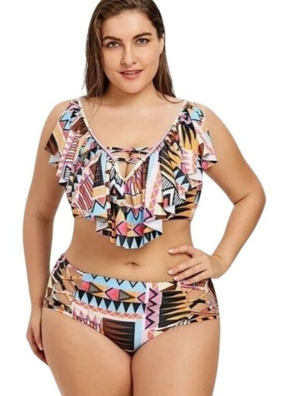 Plus Size Tribal Print Ruffle Bikini Top & Bottom Set Size 26